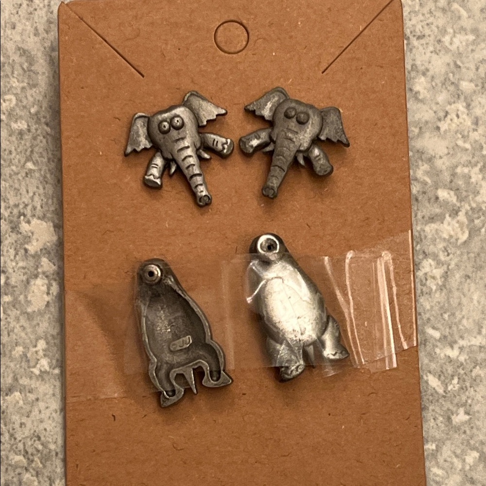 Silver Elephant and Penguin Earrings